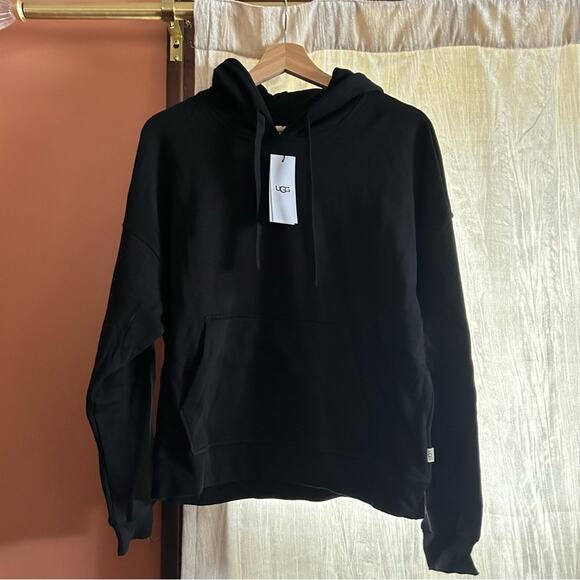 UGG Kes Pullover Double Fleece Hoodie Sweatshirt Drawstring Black NWT Size S - Picture 2 of 7